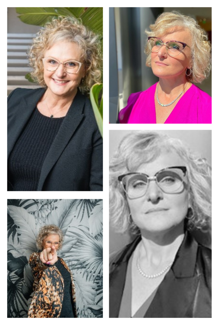 A collage of women with glasses and wearing black.